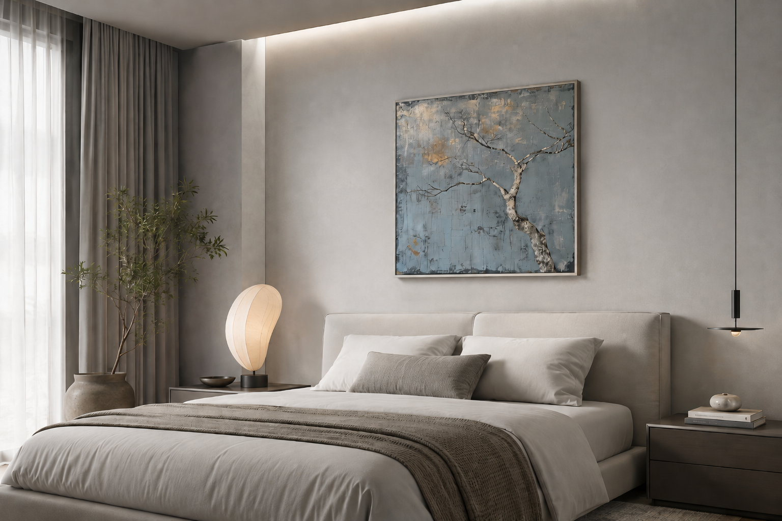 Minimalist Blue White Tree Japanese Wabi Sabi Framed Canvas Wall Art