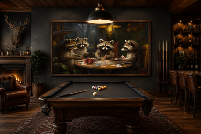 Raccoons Playing Poker Framed Canvas Wall Art For Man Cave Decor