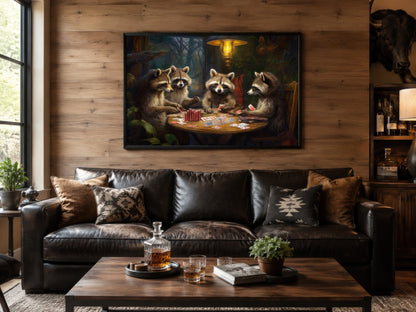 Raccoons Playing Poker Framed Canvas Wall Art For Man Cave Decor