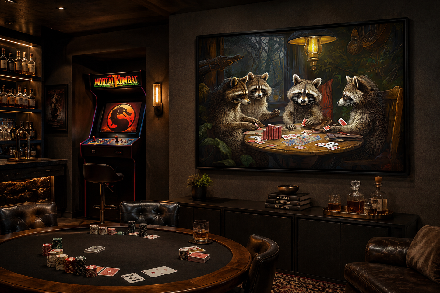 Raccoons Playing Poker Framed Canvas Wall Art For Man Cave Decor