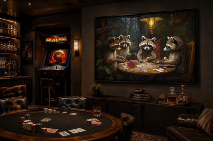 Raccoons Playing Poker Framed Canvas Wall Art For Man Cave Decor