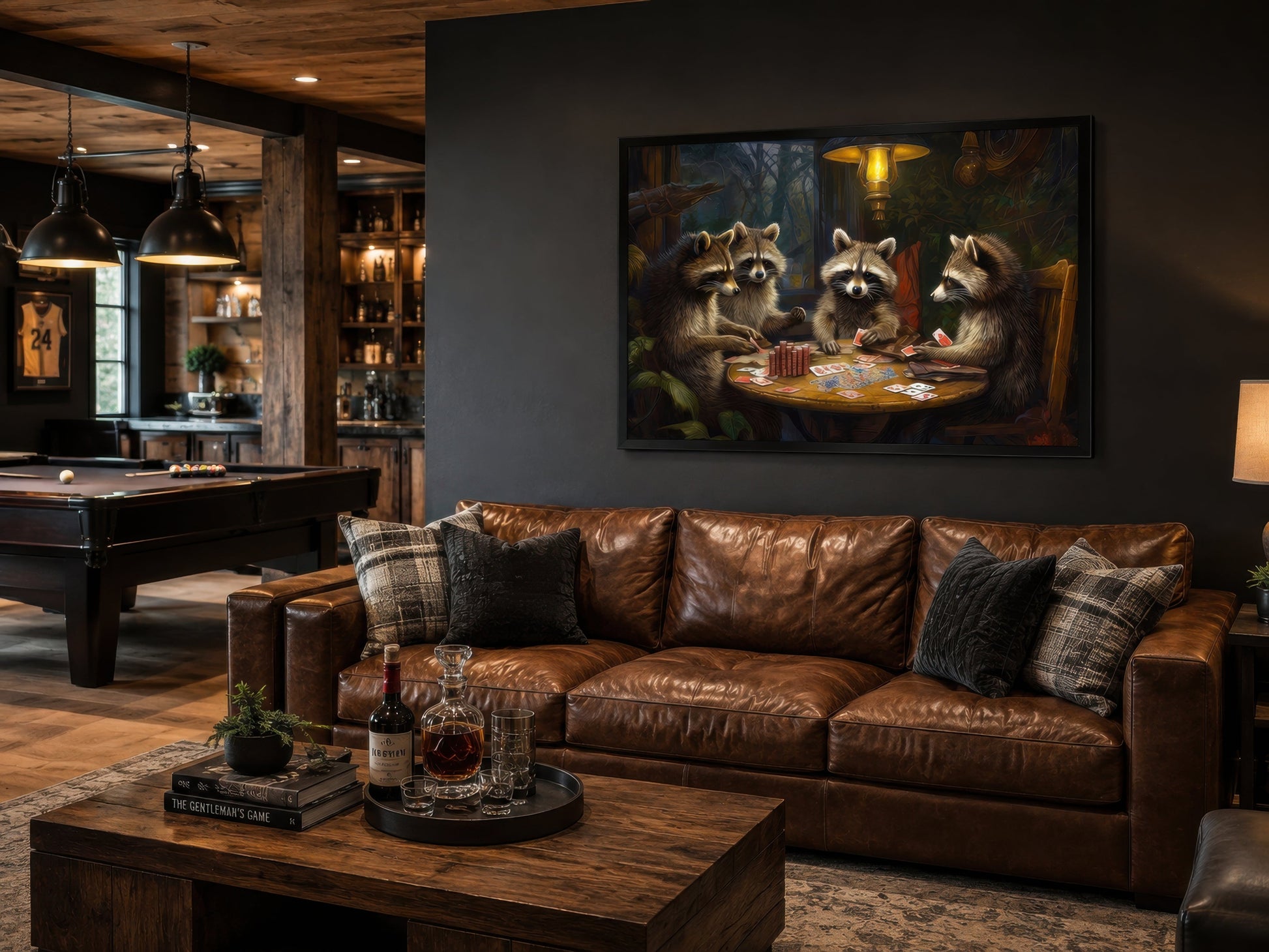 Raccoons Playing Poker Framed Canvas Wall Art For Man Cave Decor