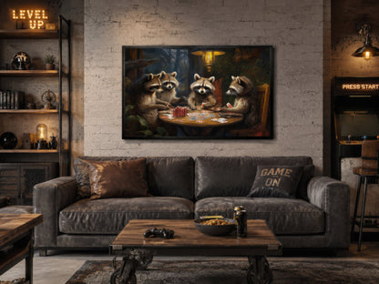 Raccoons Playing Poker Framed Canvas Wall Art For Man Cave Decor