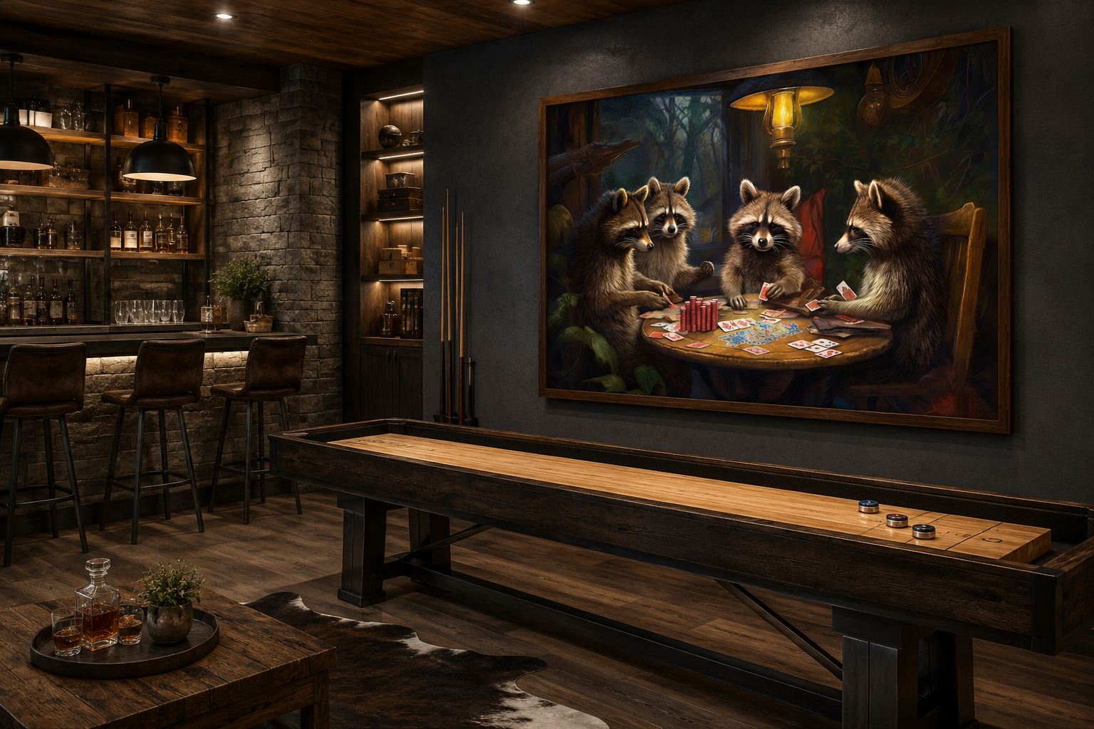 Raccoons Playing Poker Framed Canvas Wall Art For Man Cave Decor