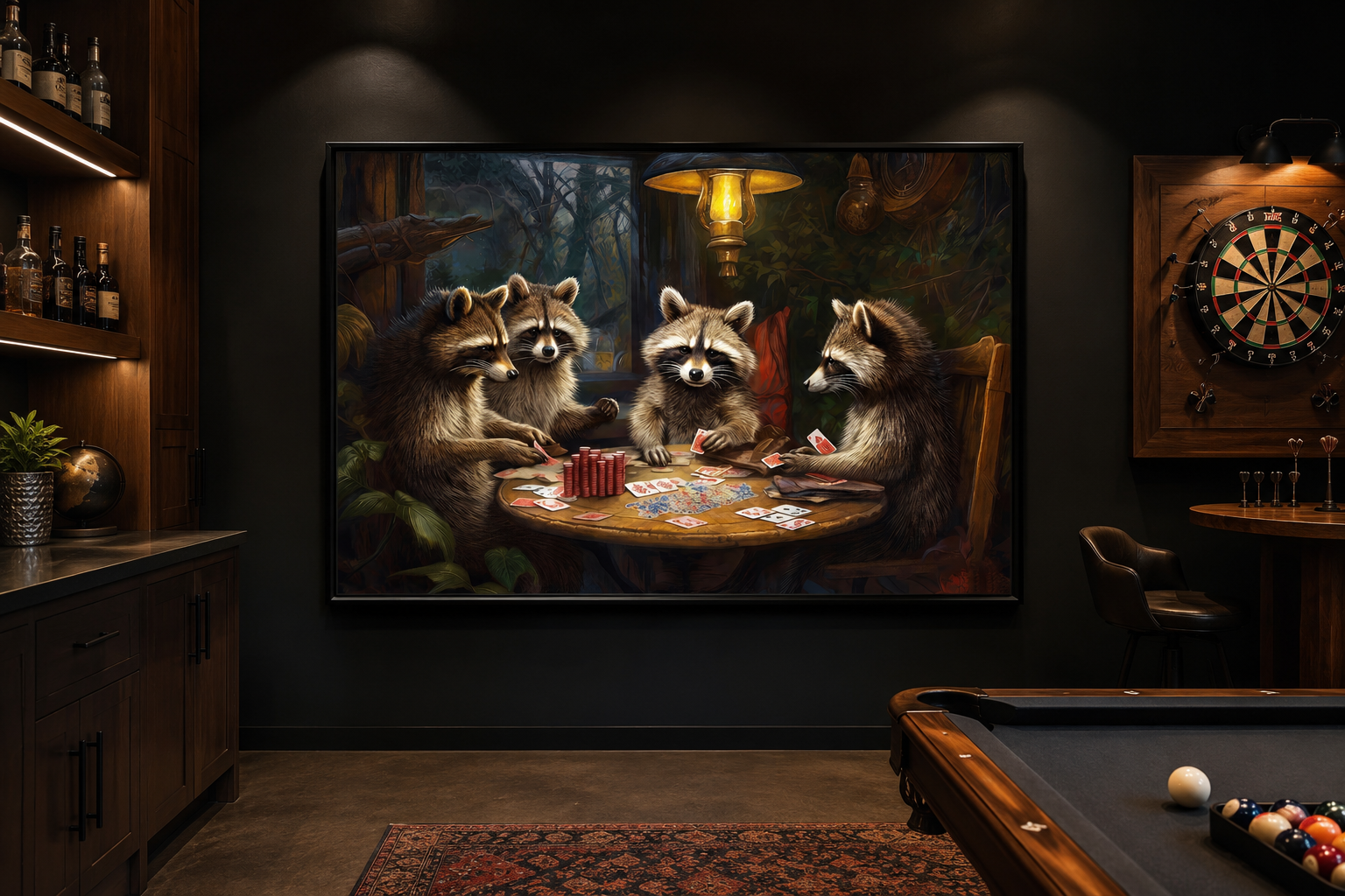 Raccoons Playing Poker Framed Canvas Wall Art For Man Cave Decor