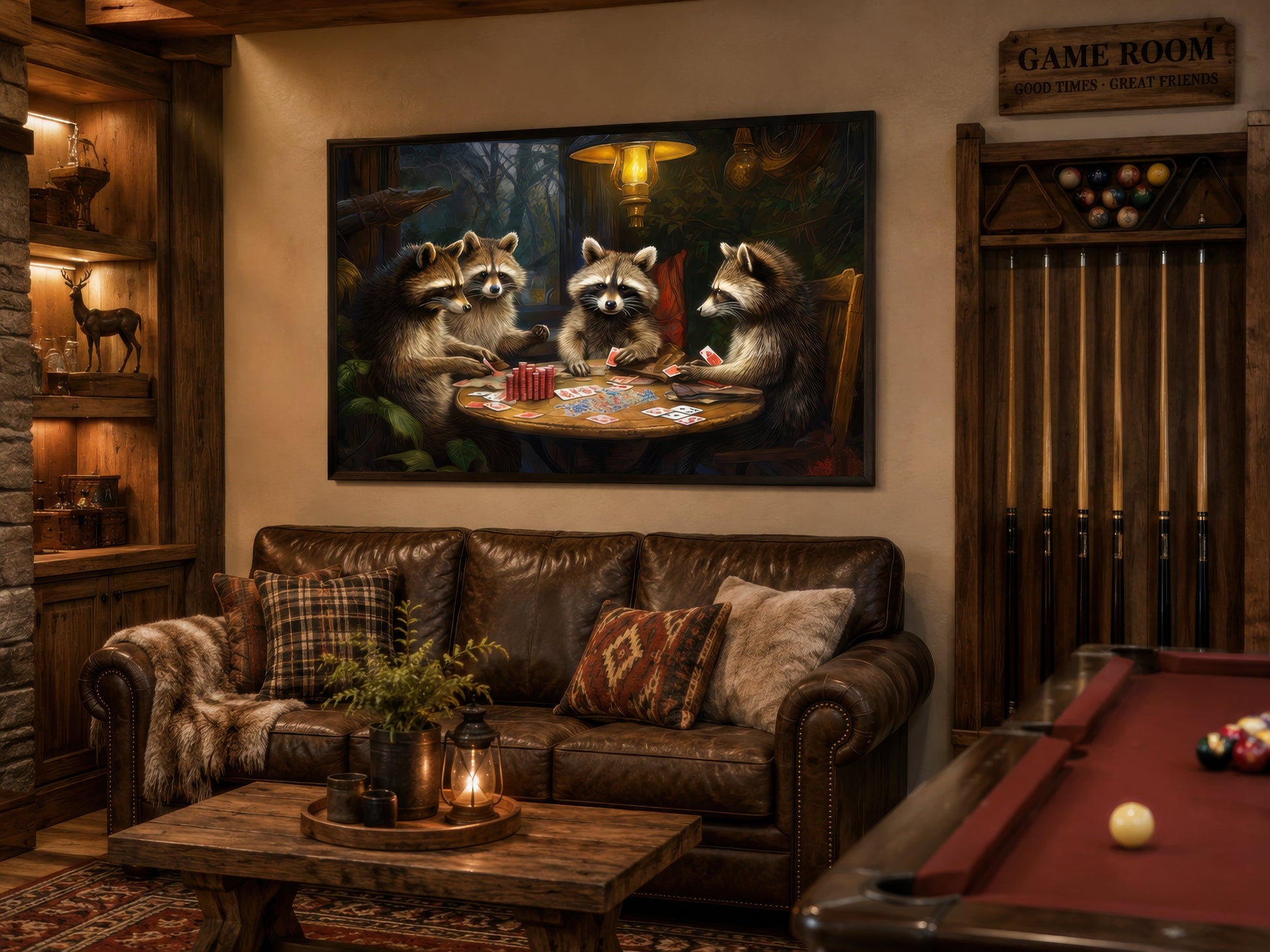 Raccoons Playing Poker Framed Canvas Wall Art For Man Cave Decor