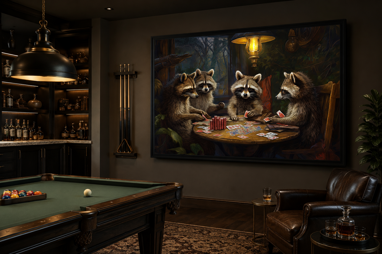 Raccoons Playing Poker Framed Canvas Wall Art For Man Cave Decor