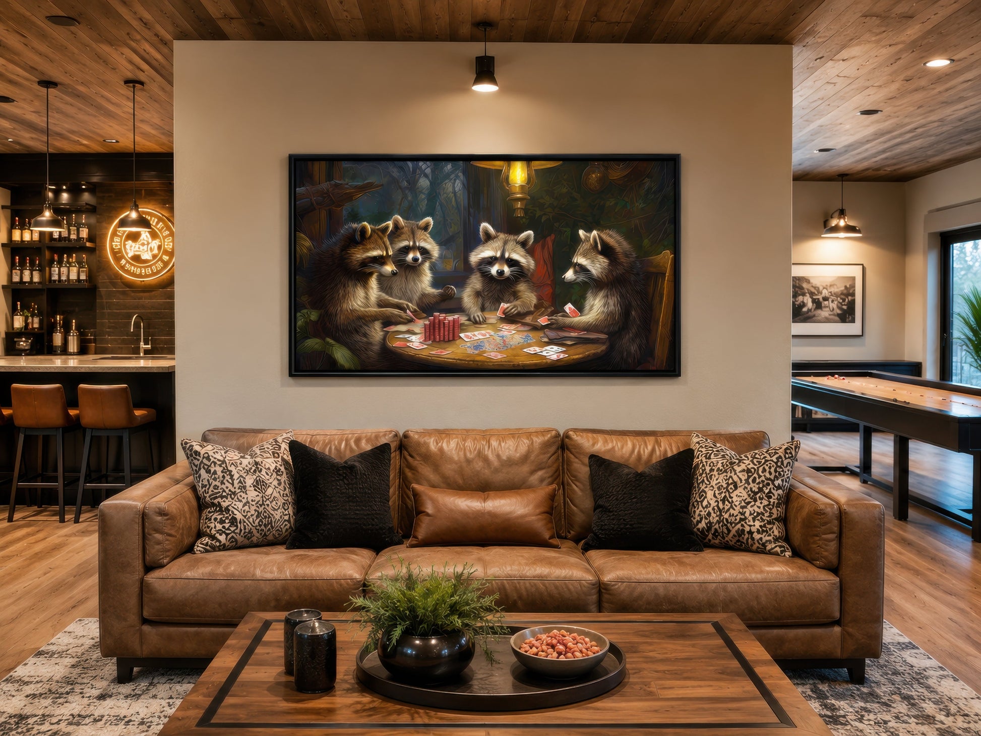 Raccoons Playing Poker Framed Canvas Wall Art For Man Cave Decor