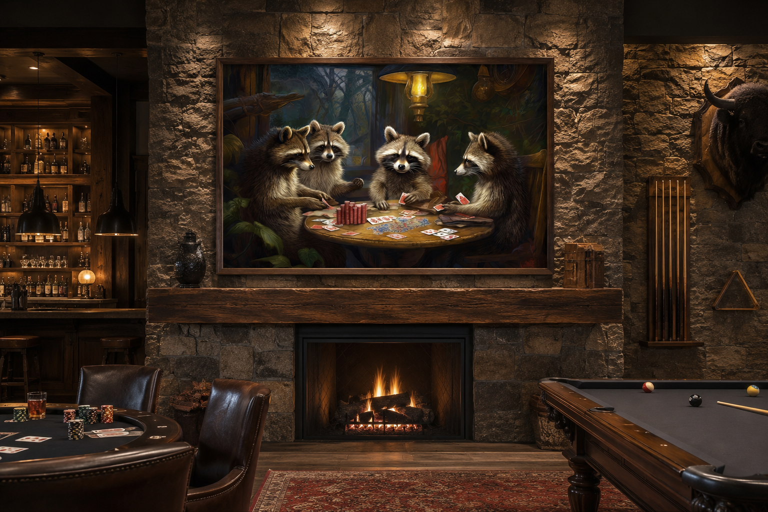 Raccoons Playing Poker Framed Canvas Wall Art For Man Cave Decor