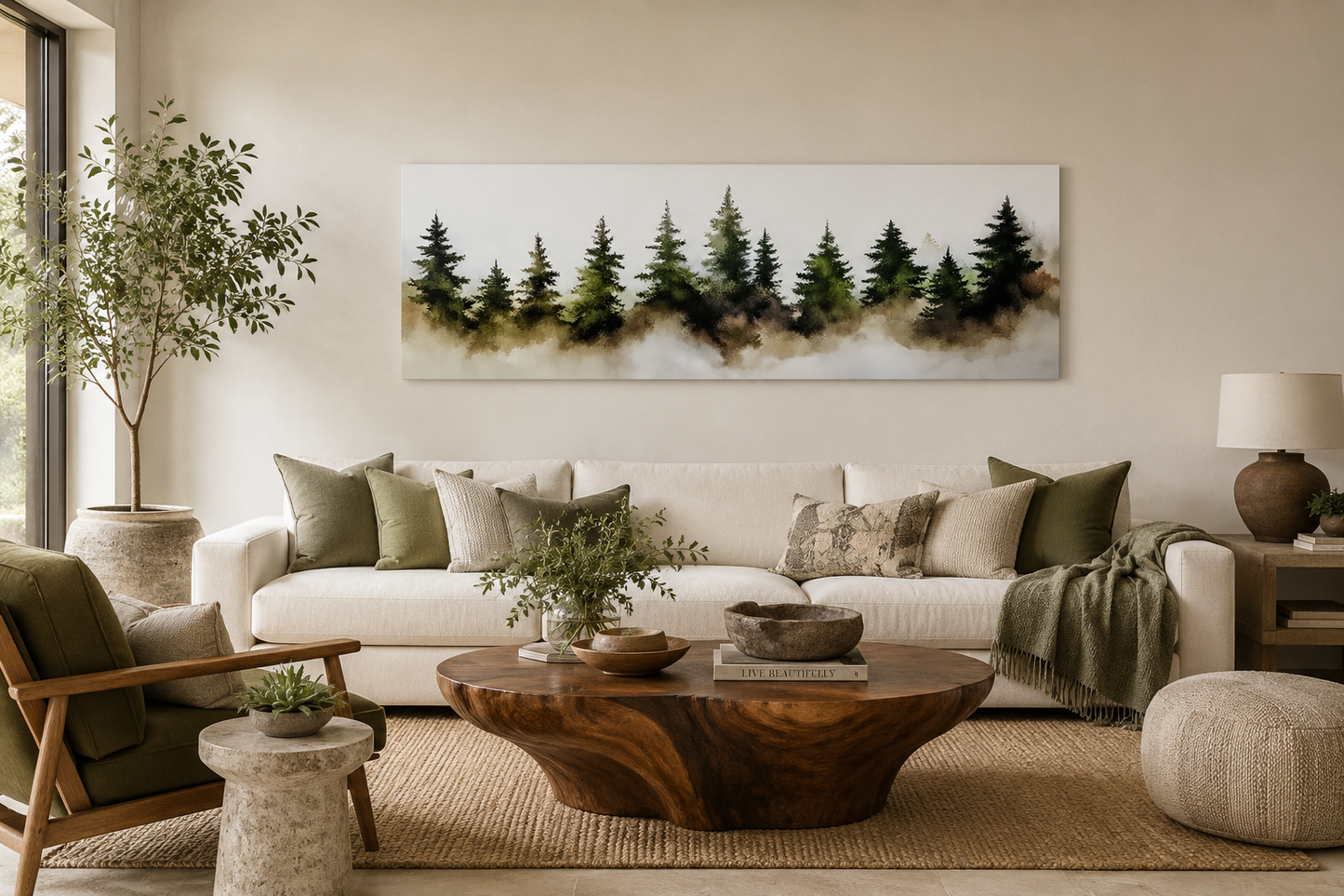 Foggy Green Pine Trees Forest Horizontal Above Bed Wall Art