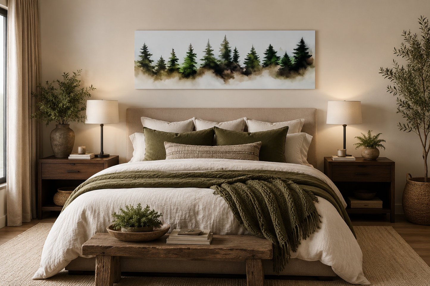 Foggy Green Pine Trees Forest Horizontal Above Bed Wall Art