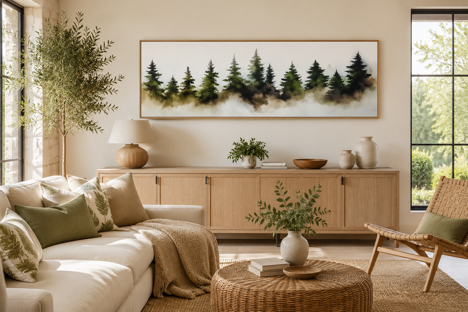 Foggy Green Pine Trees Forest Horizontal Above Bed Wall Art