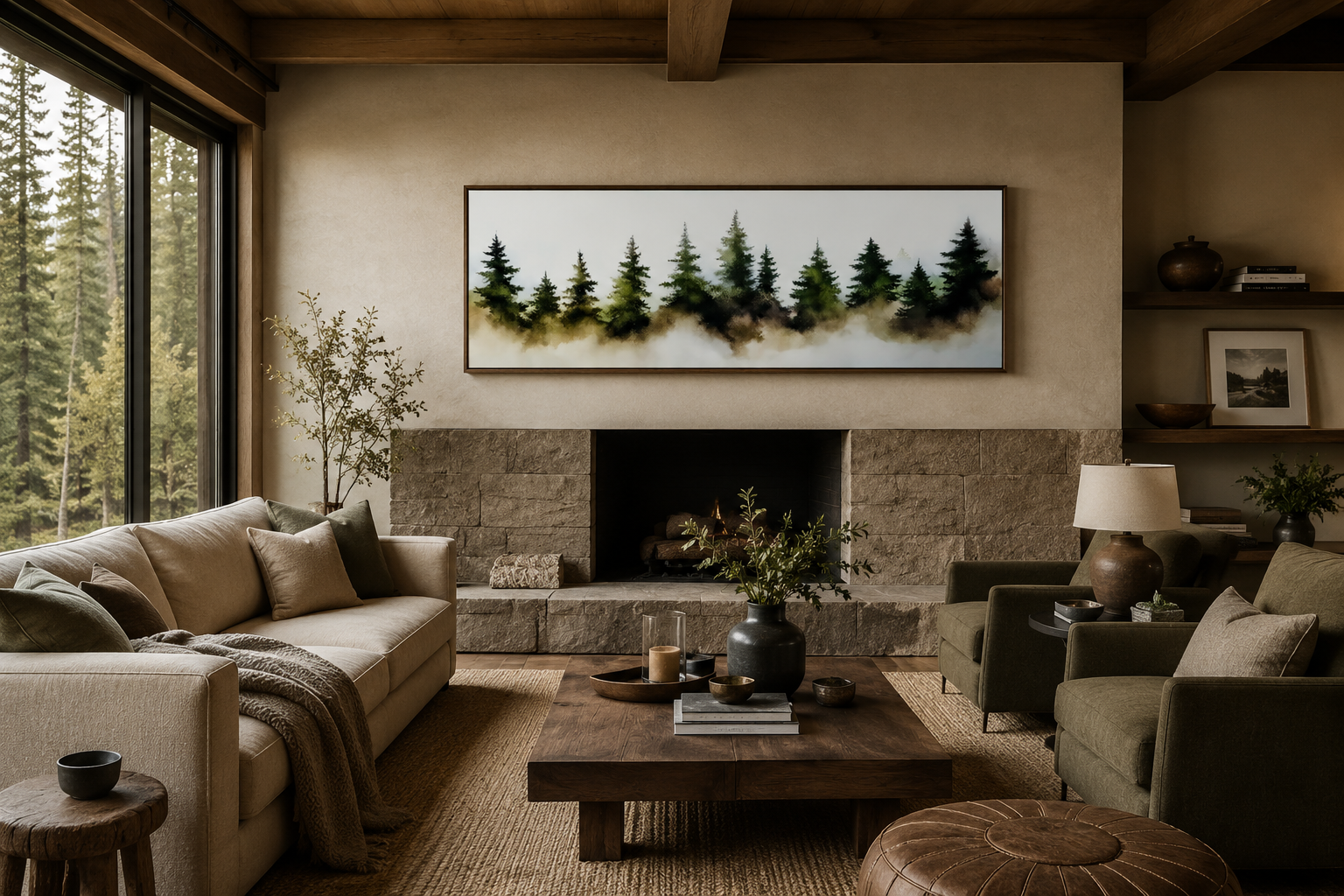 Foggy Green Pine Trees Forest Horizontal Above Bed Wall Art