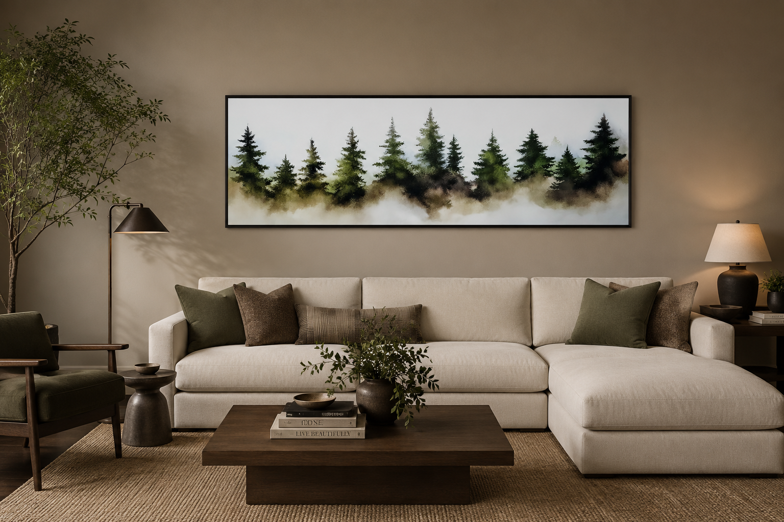 Foggy Green Pine Trees Forest Horizontal Above Bed Wall Art