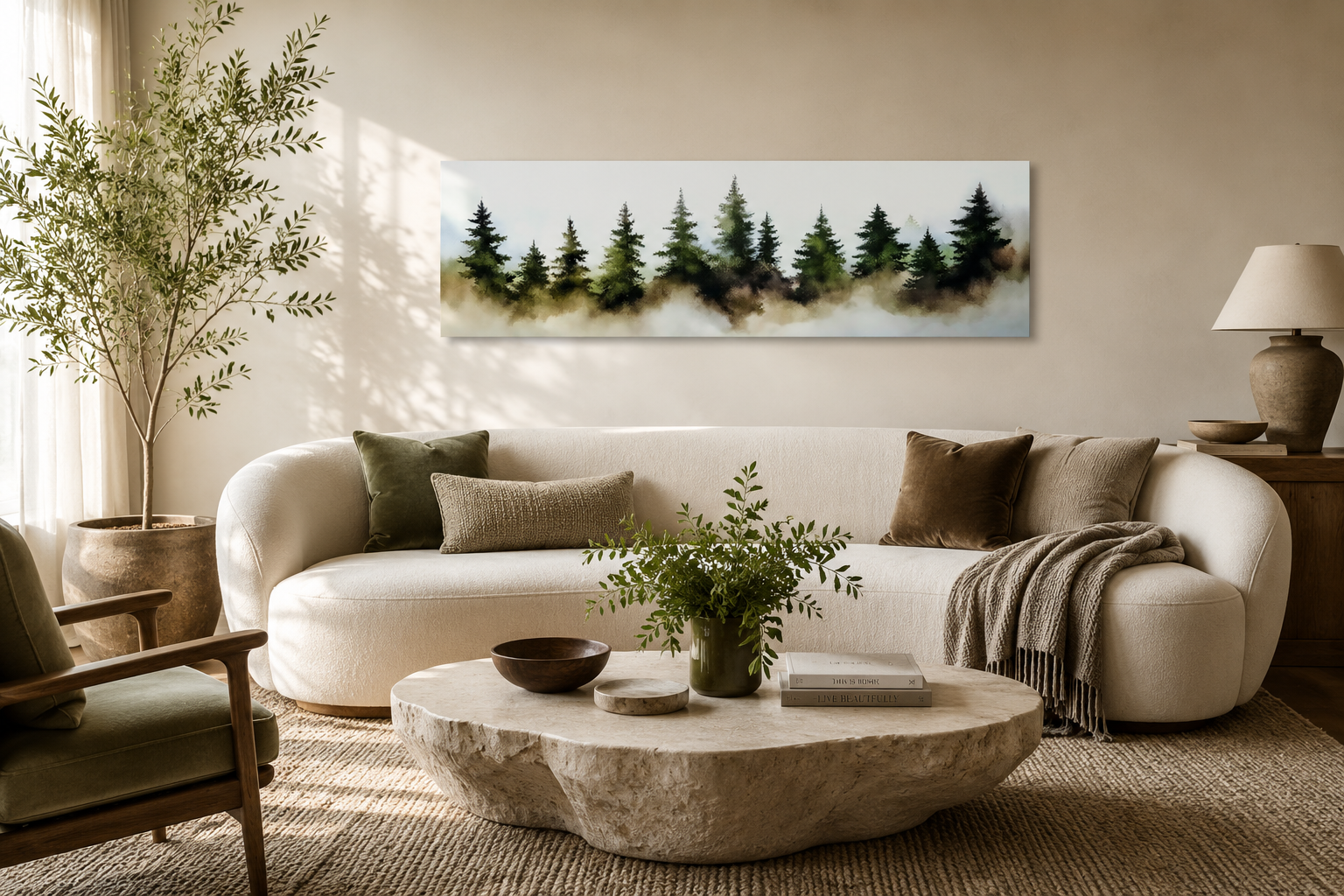 Foggy Green Pine Trees Forest Horizontal Above Bed Wall Art