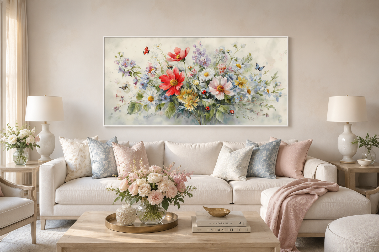 Red Wildflowers Bouquet With Ladybugs And Butterflies Watercolor Botanical Framed Canvas Wall Art