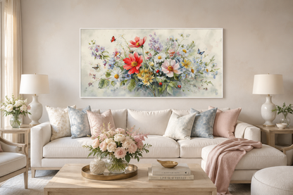 Red Wildflowers Bouquet With Ladybugs And Butterflies Watercolor Botanical Framed Canvas Wall Art