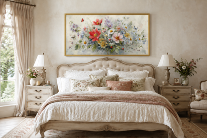 Red Wildflowers Bouquet With Ladybugs And Butterflies Watercolor Botanical Framed Canvas Wall Art