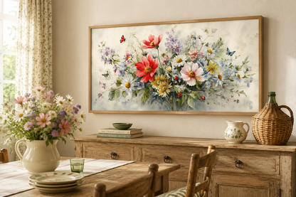 Red Wildflowers Bouquet With Ladybugs And Butterflies Watercolor Botanical Framed Canvas Wall Art