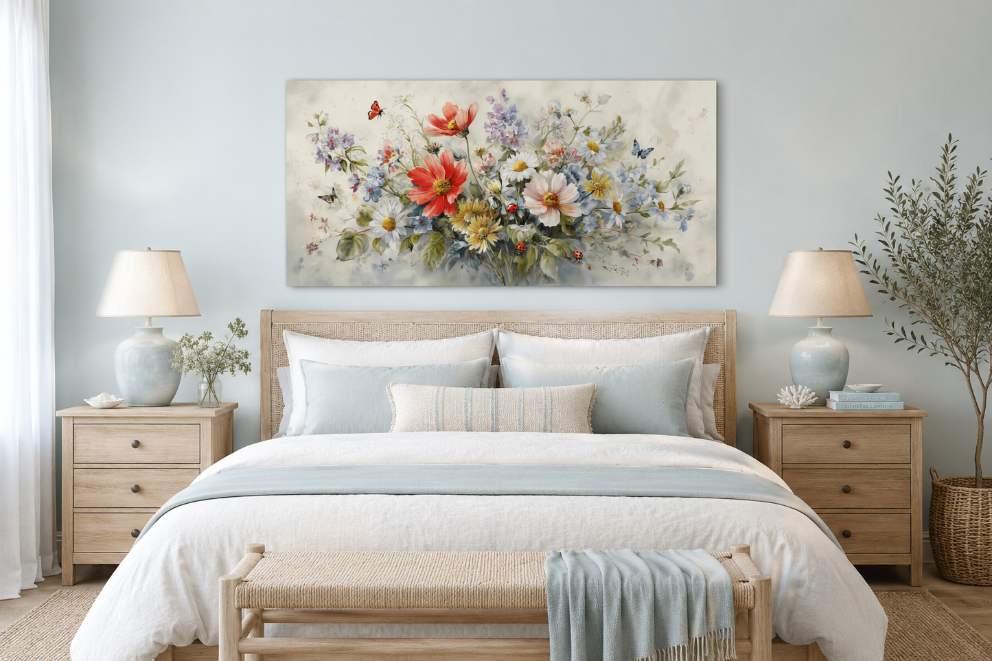 Red Wildflowers Bouquet With Ladybugs And Butterflies Watercolor Botanical Framed Canvas Wall Art