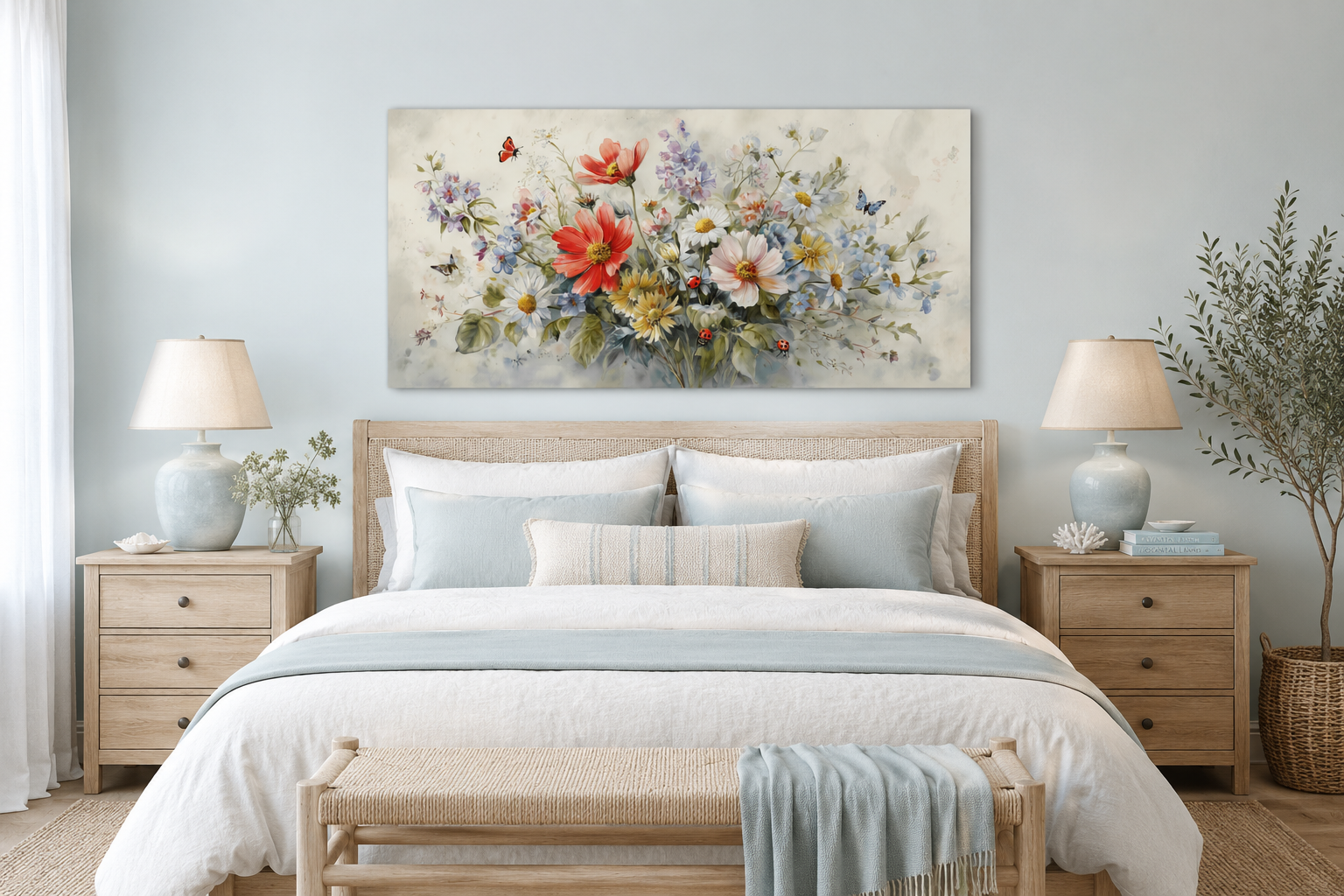 Red Wildflowers Bouquet With Ladybugs And Butterflies Watercolor Botanical Framed Canvas Wall Art