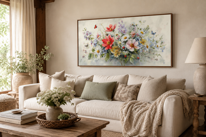 Red Wildflowers Bouquet With Ladybugs And Butterflies Watercolor Botanical Framed Canvas Wall Art