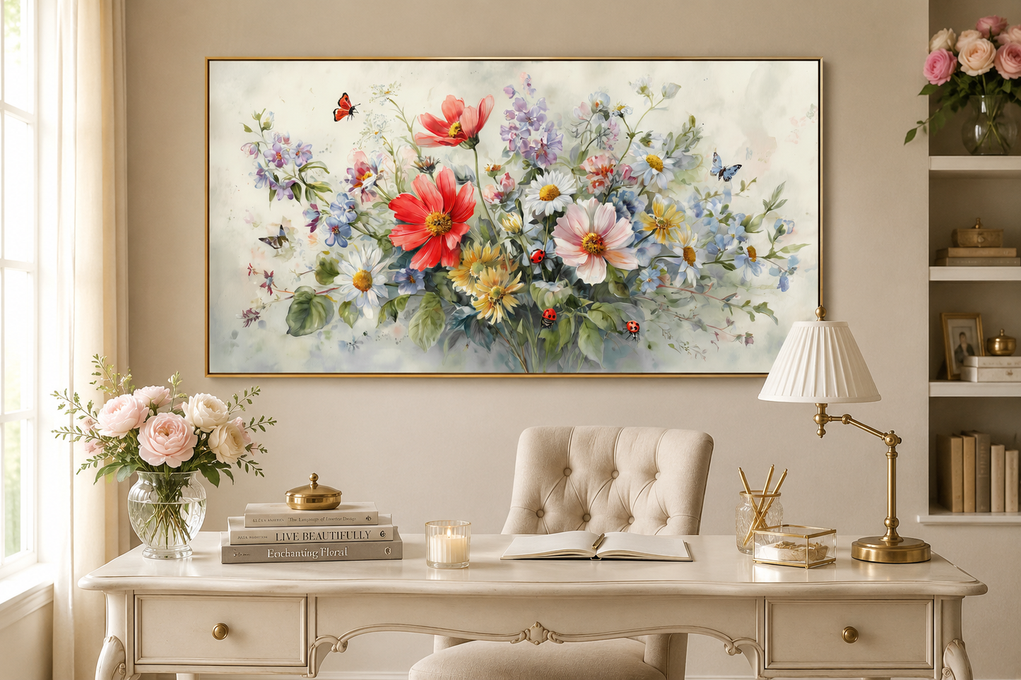 Red Wildflowers Bouquet With Ladybugs And Butterflies Watercolor Botanical Framed Canvas Wall Art
