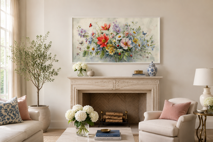 Red Wildflowers Bouquet With Ladybugs And Butterflies Watercolor Botanical Framed Canvas Wall Art