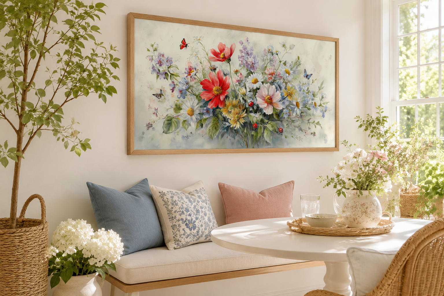 Red Wildflowers Bouquet With Ladybugs And Butterflies Watercolor Botanical Framed Canvas Wall Art