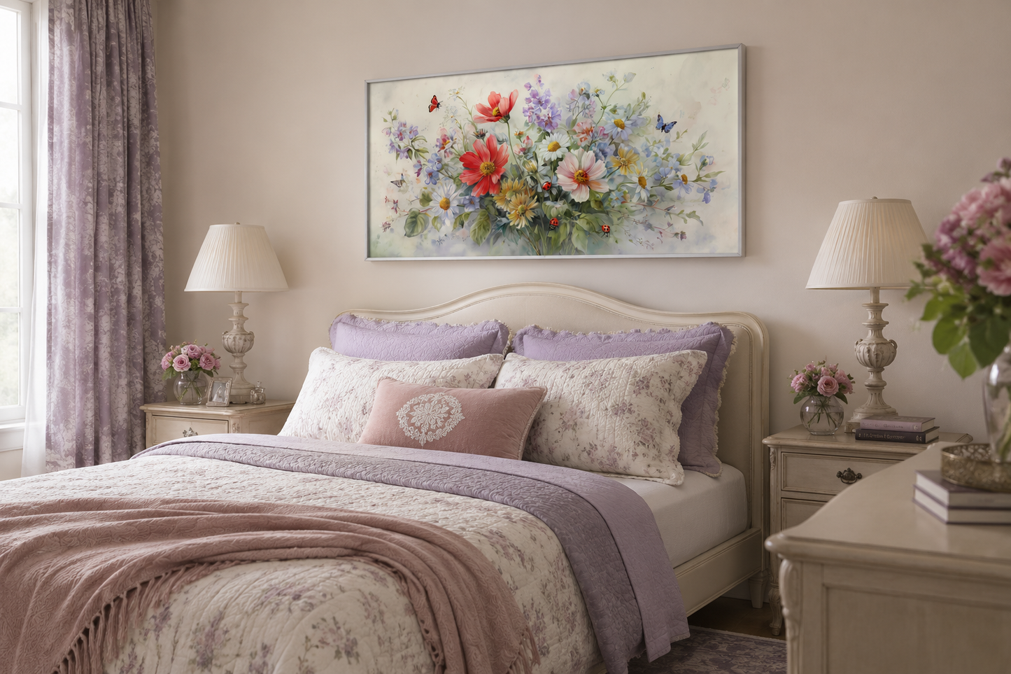 Red Wildflowers Bouquet With Ladybugs And Butterflies Watercolor Botanical Framed Canvas Wall Art
