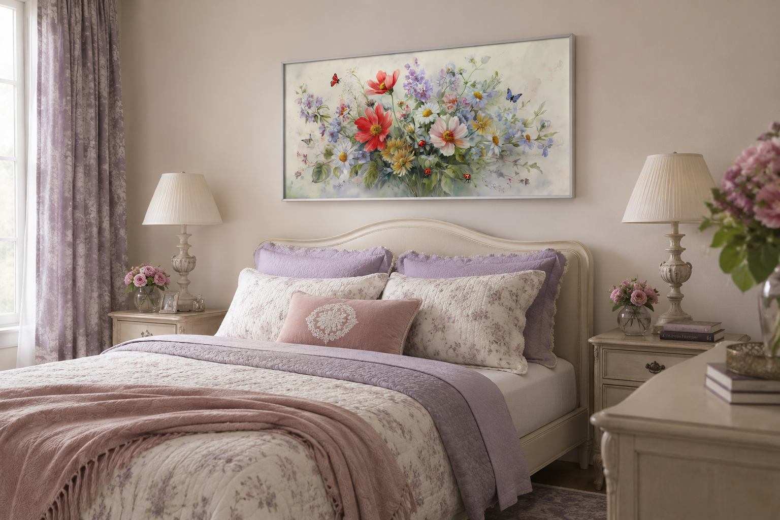 Red Wildflowers Bouquet With Ladybugs And Butterflies Watercolor Botanical Framed Canvas Wall Art