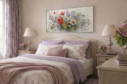Red Wildflowers Bouquet With Ladybugs And Butterflies Watercolor Botanical Framed Canvas Wall Art