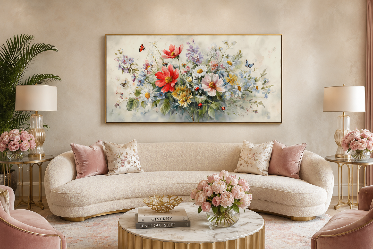 Red Wildflowers Bouquet With Ladybugs And Butterflies Watercolor Botanical Framed Canvas Wall Art