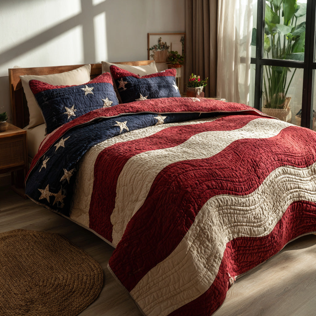 Wavy Liberty Stripes 3-Piece Quilted Bedding Set - Single (59" x 70")