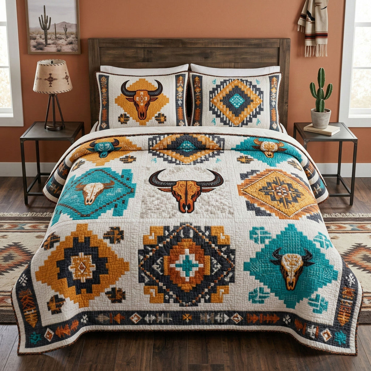 Western Skull 3-Piece Quilted Bedding Set - Single (59" x 70")