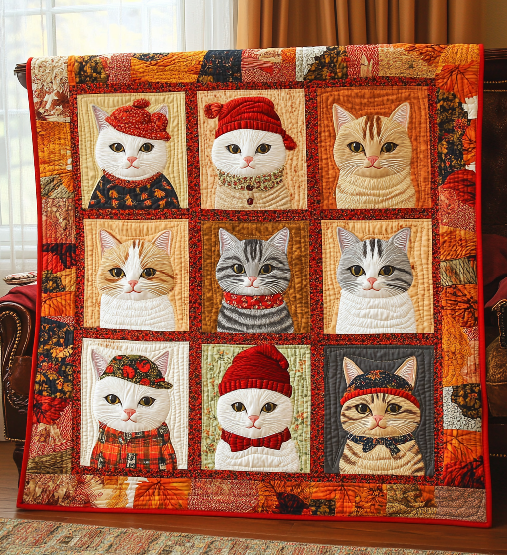 Whimsical Autumn Feline Quilted Blanket - Throw (55" x 60")