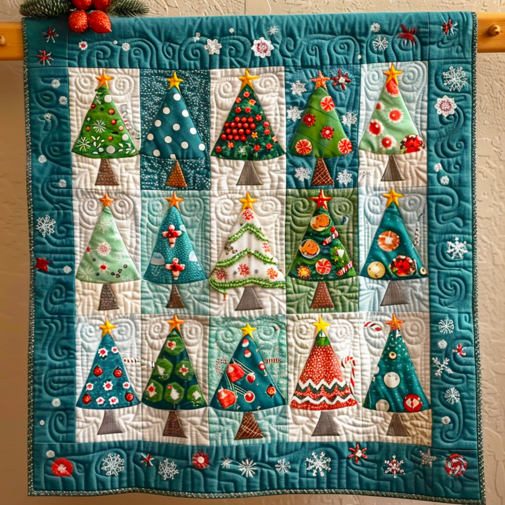 Whimsical Christmas Trees Quilted Blanket - Throw (55" x 60")