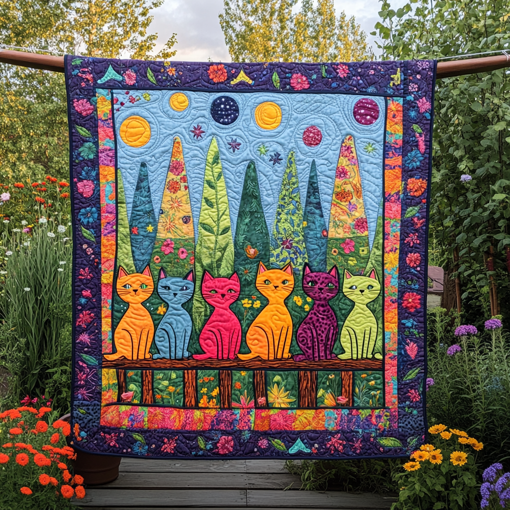 Whimsical Cat Quilted Blanket - Throw (55" x 60")