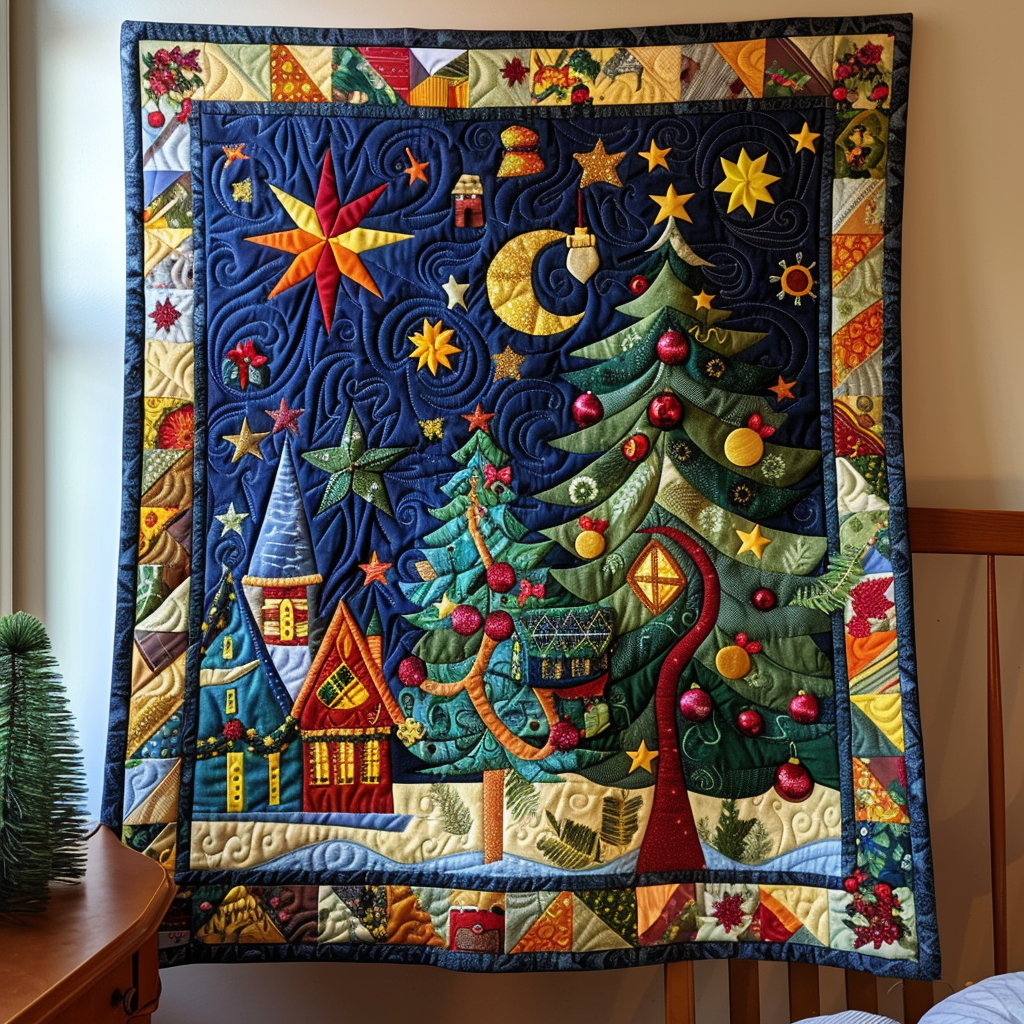 Whimsical Holiday Tree Quilted Blanket - Throw (55" x 60")
