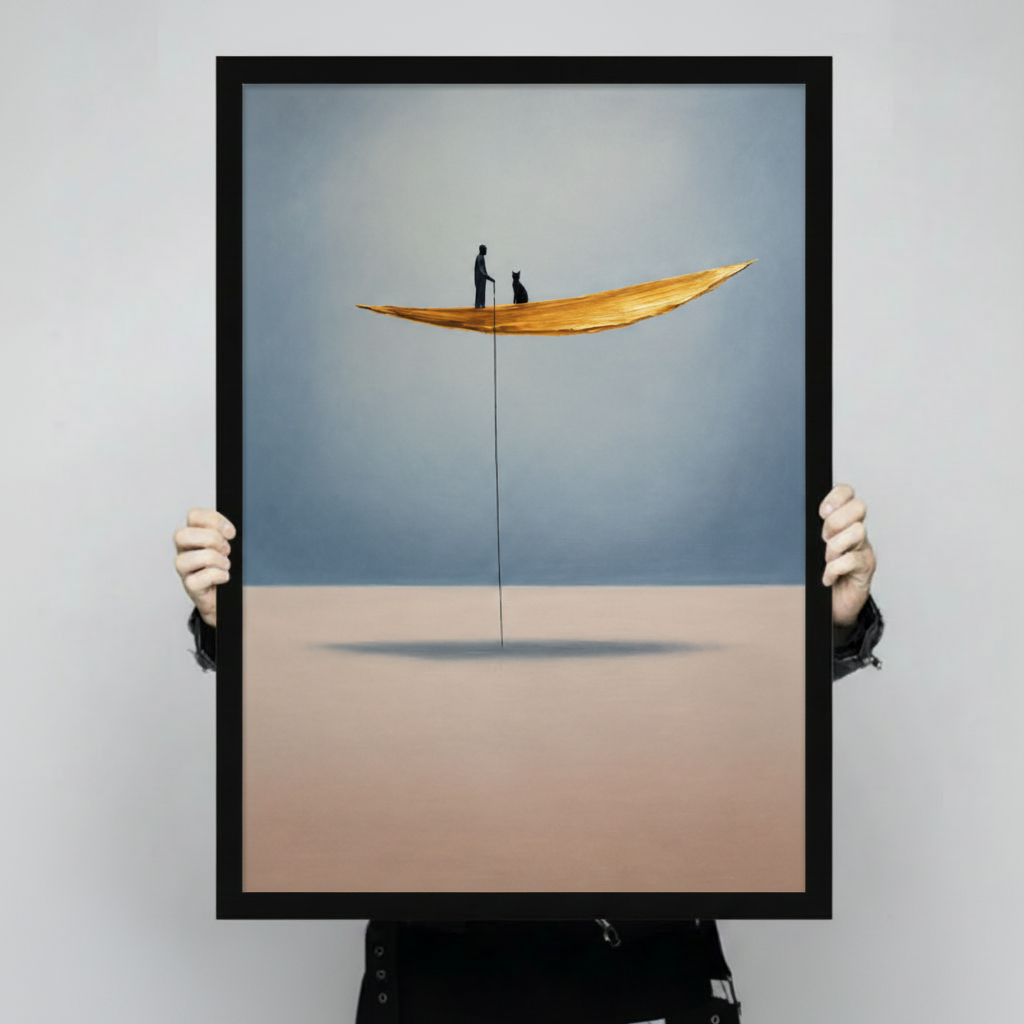 Man Cat Floating Leaf Minimalist Canvas Wall Art
