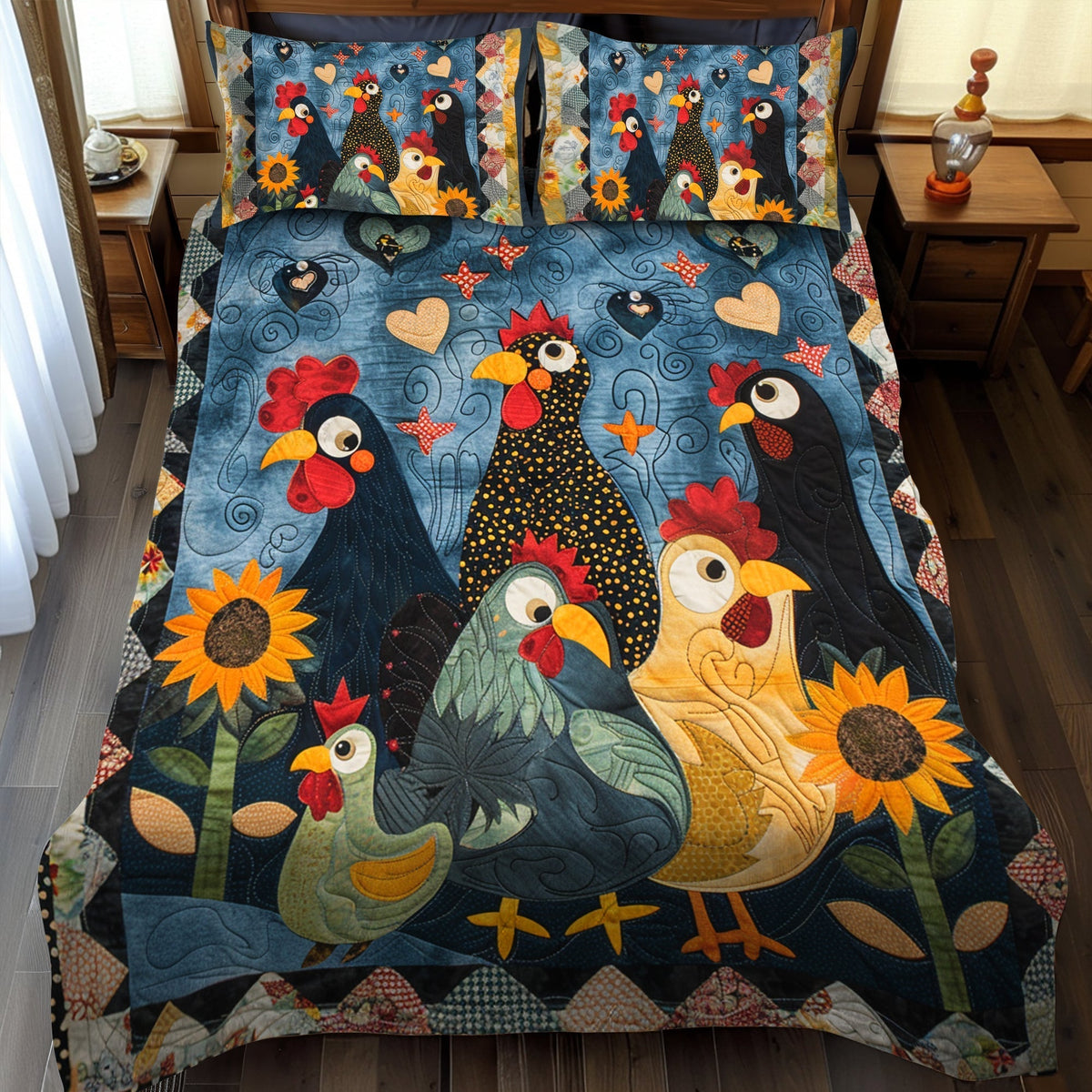 Single (59'' x 70'') /Rural Rooster 3 Piece Quilted Bedding Set
