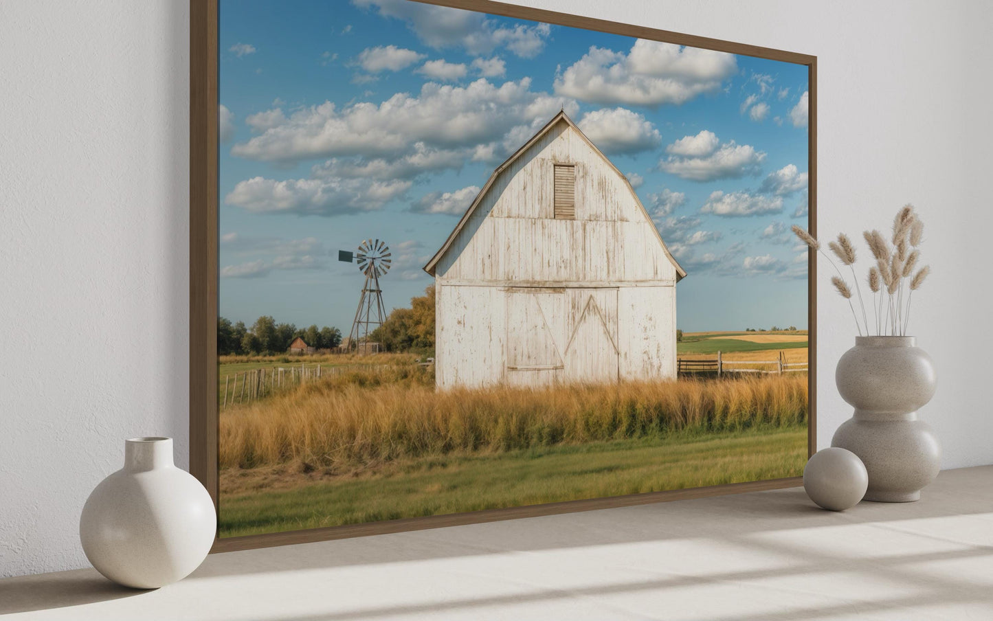Old Weathered White Barn With Windmill Framed Canvas Wall Art Farmhouse Living Room Decor