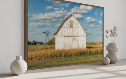 Old Weathered White Barn With Windmill Framed Canvas Wall Art Farmhouse Living Room Decor