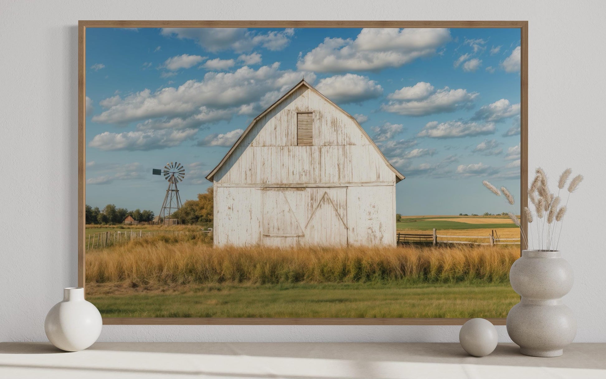 Old Weathered White Barn With Windmill Framed Canvas Wall Art Farmhouse Living Room Decor