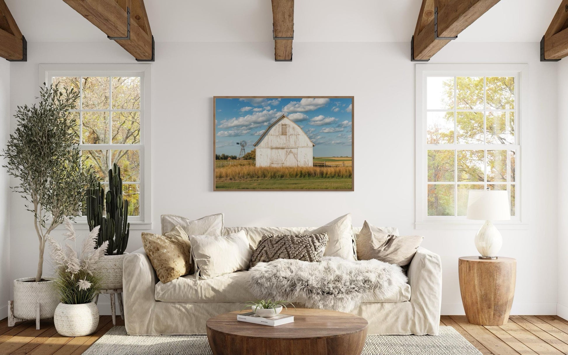 Old Weathered White Barn With Windmill Framed Canvas Wall Art Farmhouse Living Room Decor