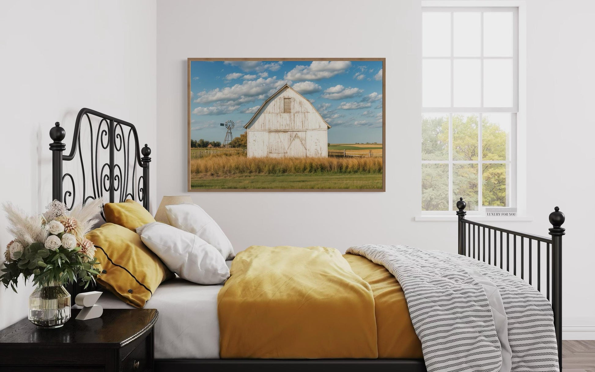 Old Weathered White Barn With Windmill Framed Canvas Wall Art Farmhouse Living Room Decor