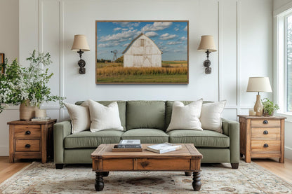 Old Weathered White Barn With Windmill Framed Canvas Wall Art Farmhouse Living Room Decor