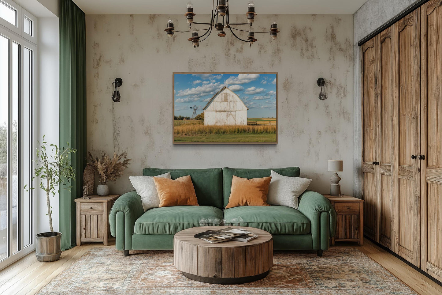 Old Weathered White Barn With Windmill Framed Canvas Wall Art Farmhouse Living Room Decor