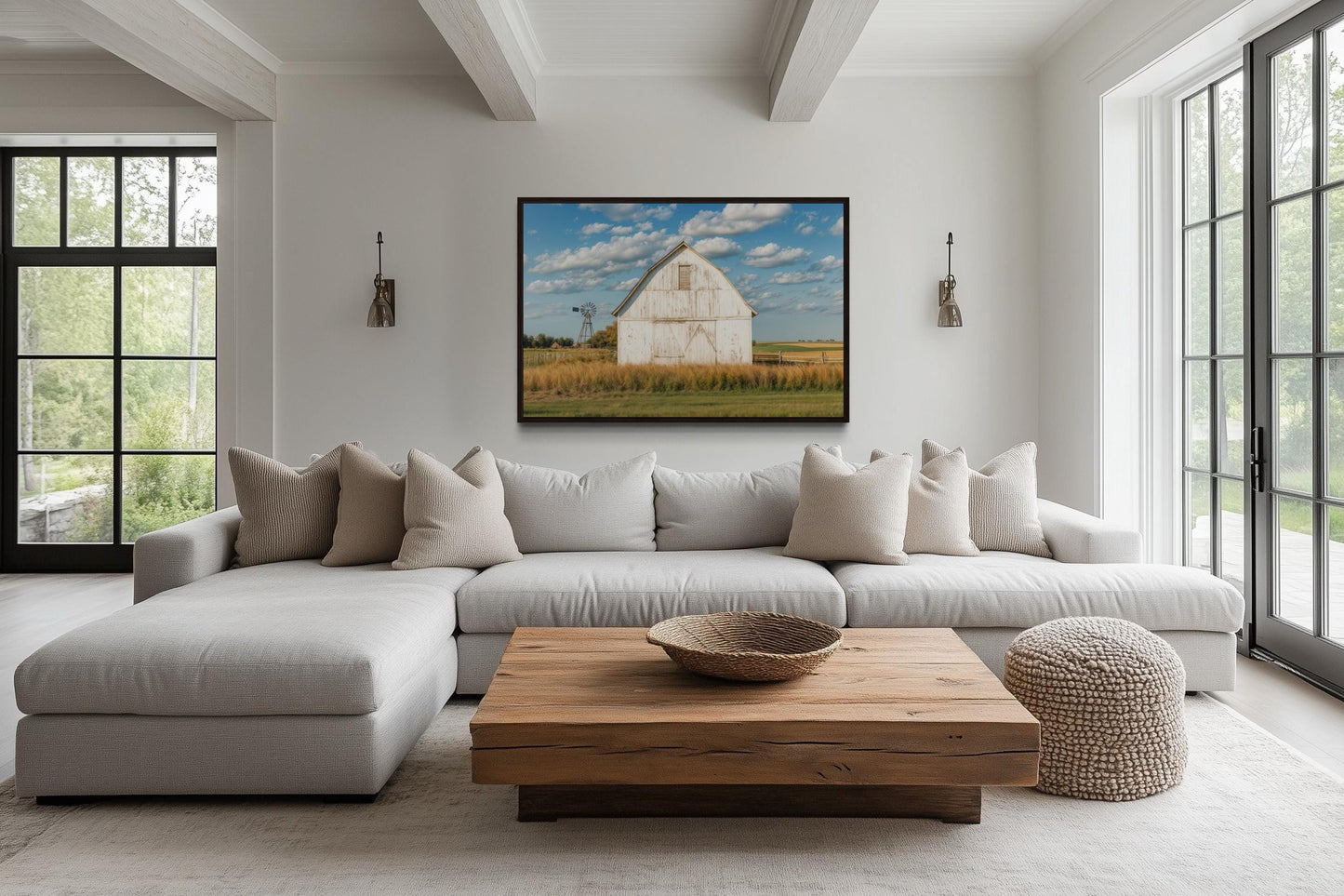 Old Weathered White Barn With Windmill Framed Canvas Wall Art Farmhouse Living Room Decor