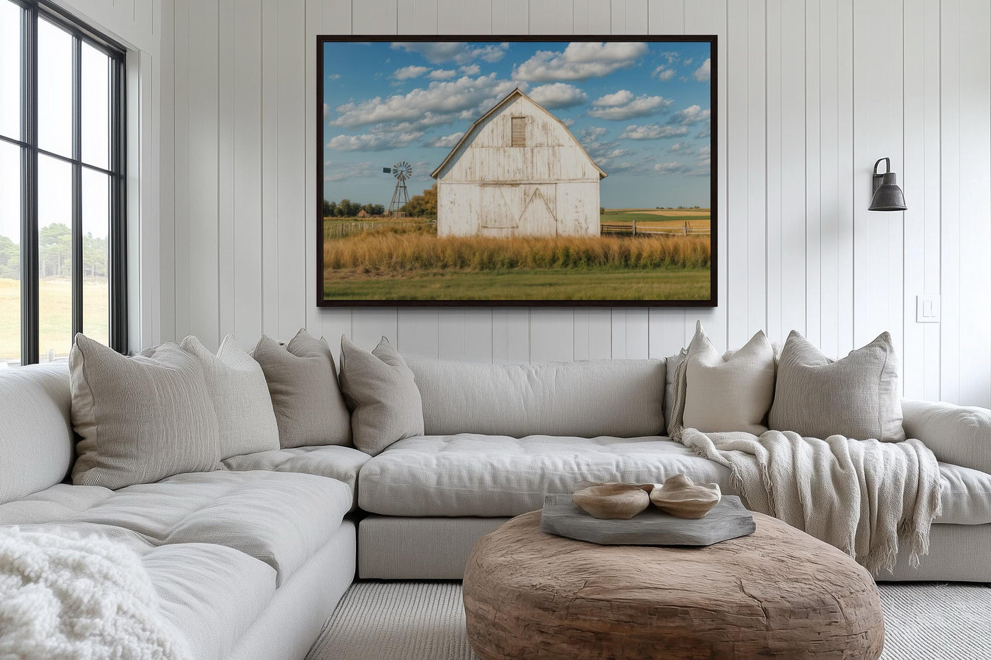 Old Weathered White Barn With Windmill Framed Canvas Wall Art Farmhouse Living Room Decor